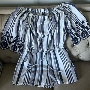 Style House, blue & White Striped, Embroidered 3/4 Sleeve Romper, Size XL, NWT